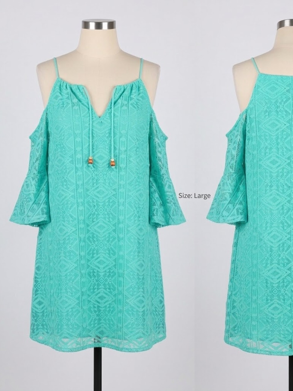 Boho Turquoise Cold Shoulder Lace Dress L Bell Sleeve Festival Vacation Shift
